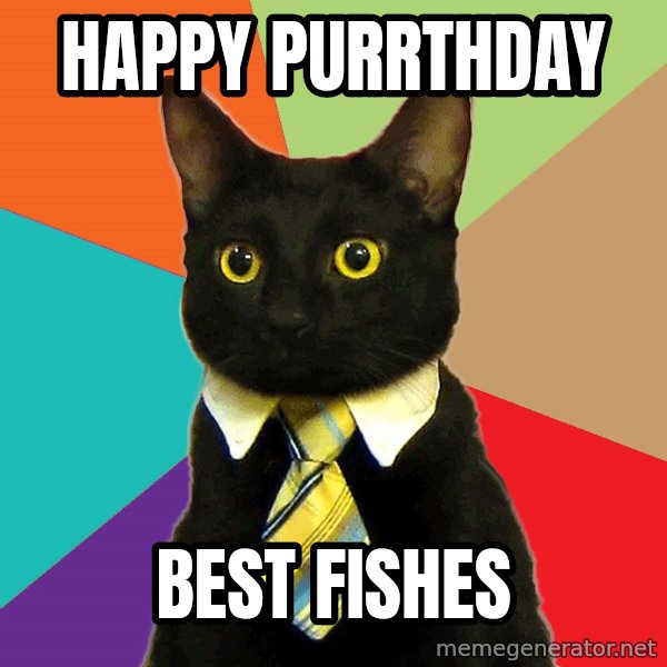Business Cat meme: Happy purrthday / Best fishes