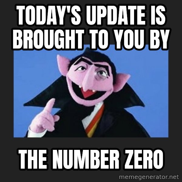 The Count from Sesame Street meme: Today's update is brought to you by / The number zero