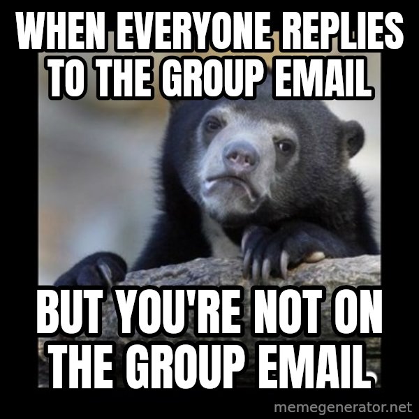 sad bear meme: When everyone replies to the group email / but you're not on the group email