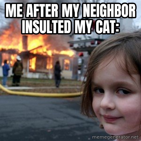 Disaster Girl meme: me after my neighbor insulted my cat: