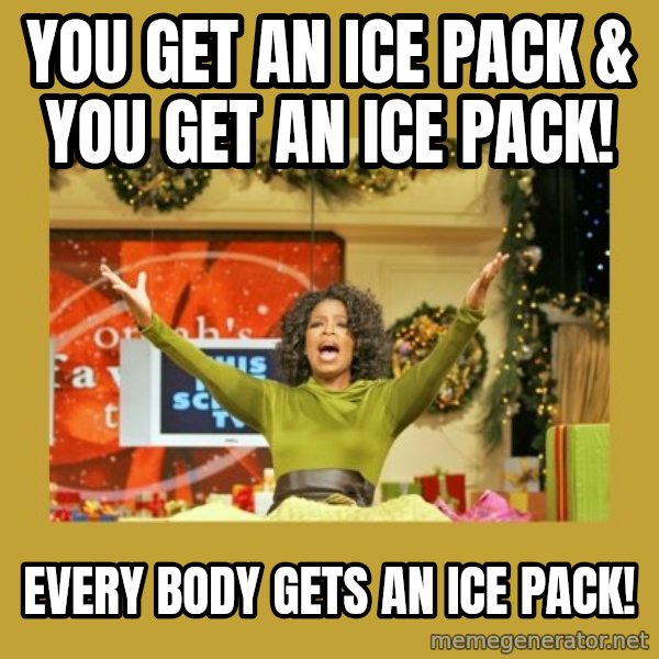 Oprah You get a meme: you get an ice pack & you get an ice pack! / Every body gets an ice pack!
