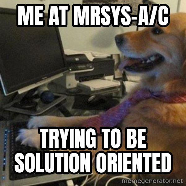 I have no idea what I'm doing - Dog with Tie meme: me at MRSys-A/C / trying to be solution oriented