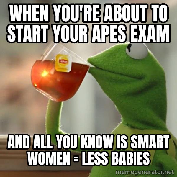 Kermit The Frog Drinking Tea meme: When you're about to start your APES exam / and all you know is smart women = less babies