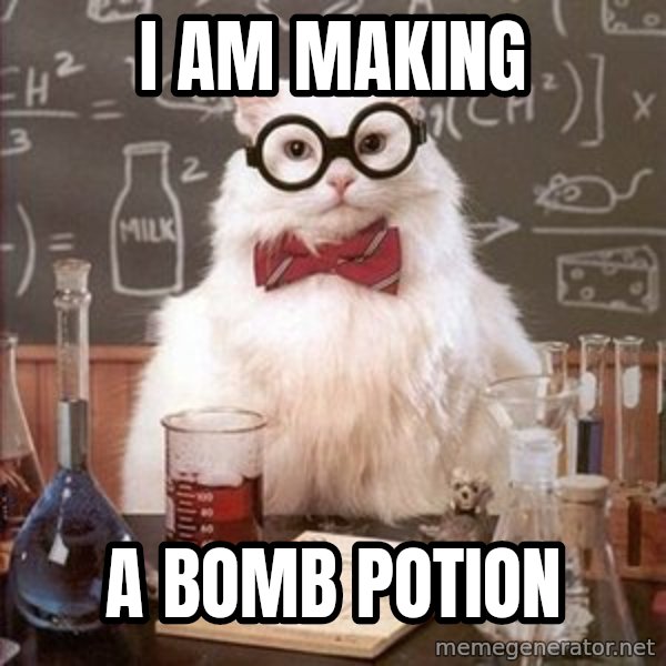 Chemistry Cat meme: I AM MAKING / A BOMB POTION