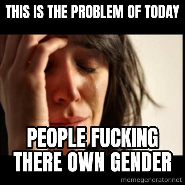 First World Problems meme: this is the problem of today / people fucking there own gender