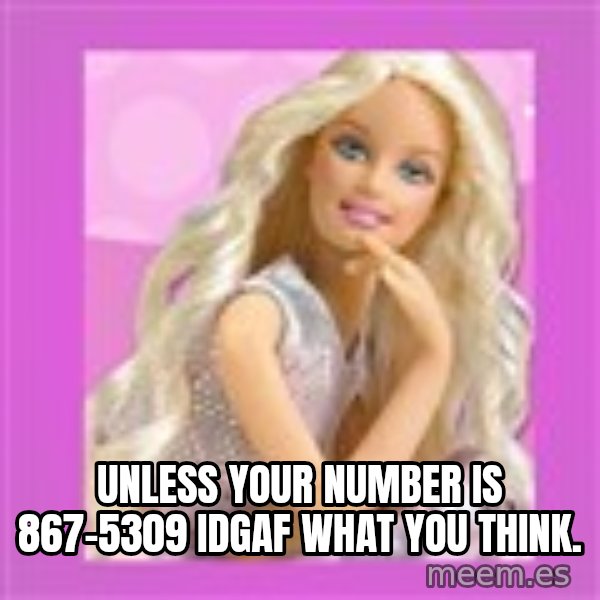 Barbie meme: unless your number is 867-5309 IDGAF what you think.