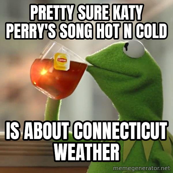 Kermit The Frog Drinking Tea meme: Pretty sure Katy Perry's song Hot N Cold / is about Connecticut weather
