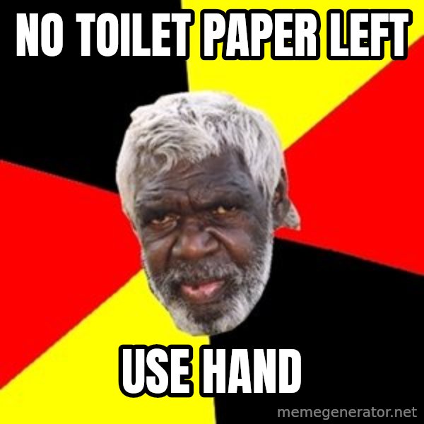 Aboriginal meme: No toilet paper left / Use hand