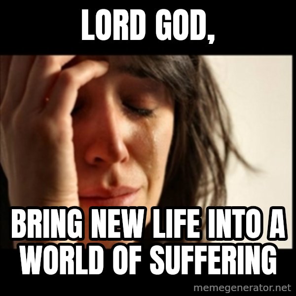 First World Problems meme: Lord god, / Bring new life into a world of suffering