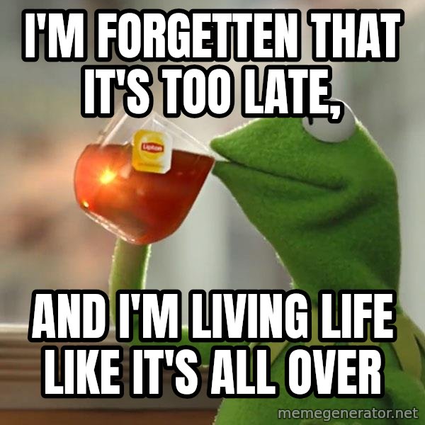 Kermit The Frog Drinking Tea meme: I'm forgetten that it's too late, / And I'm living life like it's all over