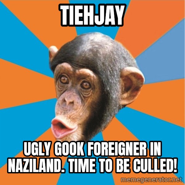 Stupid Monkey meme: TiehJay / Ugly gook foreigner in naziland. Time to be culled!