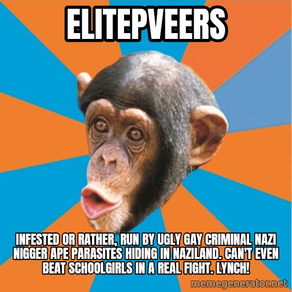 Stupid Monkey meme: elitepveers / infested or rather, run by ugly gay criminal nazi nigger ape parasites hiding in naziland. can't even beat schoolgirls in a real fight. Lynch!