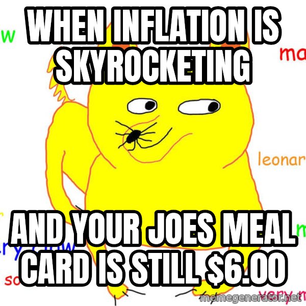 Grumpy Cat  meme: When inflation is skyrocketing / And your joes meal card is still $6.00
