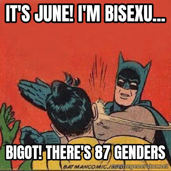 batman slap robin meme: It's June! I'm bisexu... / Bigot! There's 87 genders