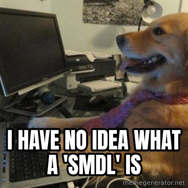 I have no idea what I'm doing - Dog with Tie meme: I have no idea what a 'SMDL' is