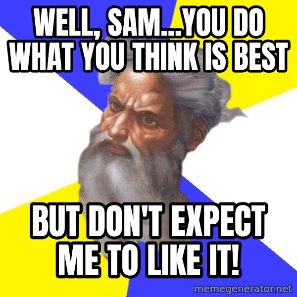 Advice God meme: Well, Sam...you do what you think is best / But don't expect me to like it!