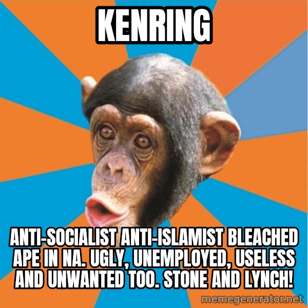 Stupid Monkey meme: kenring / Anti-Socialist Anti-Islamist bleached ape in na. ugly, unemployed, useless and unwanted too. stone and lynch!