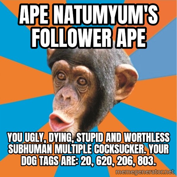 Stupid Monkey meme: ape natumyum's follower ape / you ugly, dying, stupid and worthless subhuman multiple cocksucker. Your dog tags are: 20, 620, 206, 803.