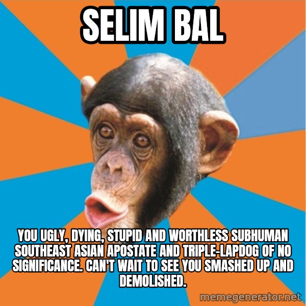 Stupid Monkey meme: Selim Bal / you ugly, dying, stupid and worthless subhuman southeast asian apostate and triple-lapdog of no significance. can't wait to see you smashed up and demolished.