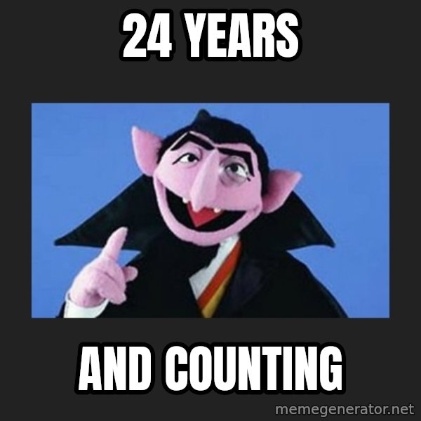 The Count from Sesame Street meme: 24 years / and counting