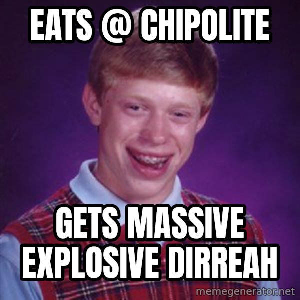 Bad Luck Brian meme: Eats @ chipolite / Gets massive explosive dirreah