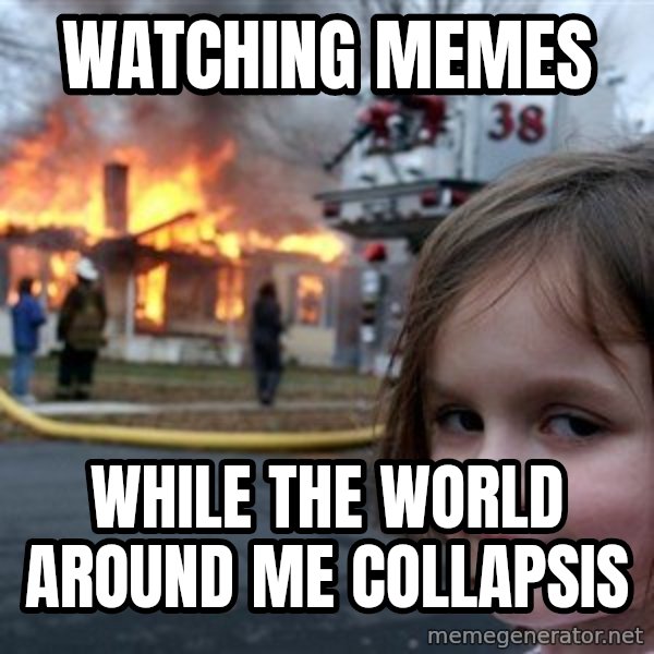 Disaster Girl meme: WATCHING MEMES / WHILE THE WORLD AROUND ME COLLAPSIS