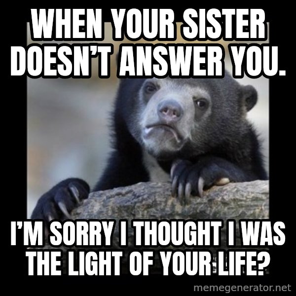 sad bear meme: When your sister doesn’t answer you. / I’m sorry I thought I was the light of your life?