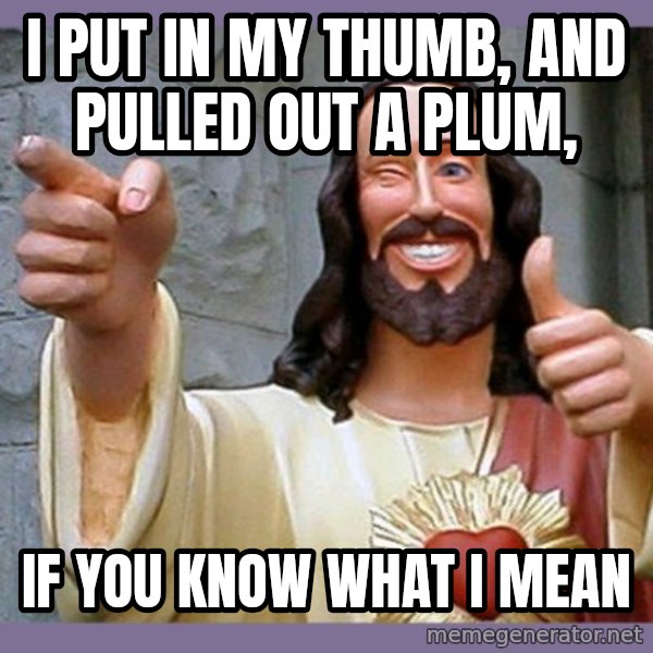 buddy jesus meme: i put in my thumb, and pulled out a plum, / if you know what i mean