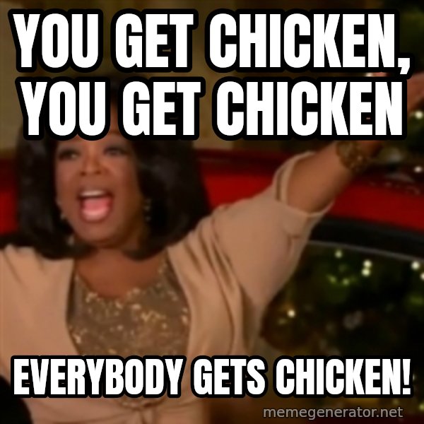 The Giving Oprah meme: You get chicken, you get chicken / Everybody gets chicken!