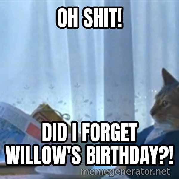 Sophisticated Cat meme: Oh shit! / did i forget willow's birthday?!