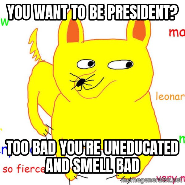 Grumpy Cat  meme: You want to be president? / Too bad you're uneducated and smell bad
