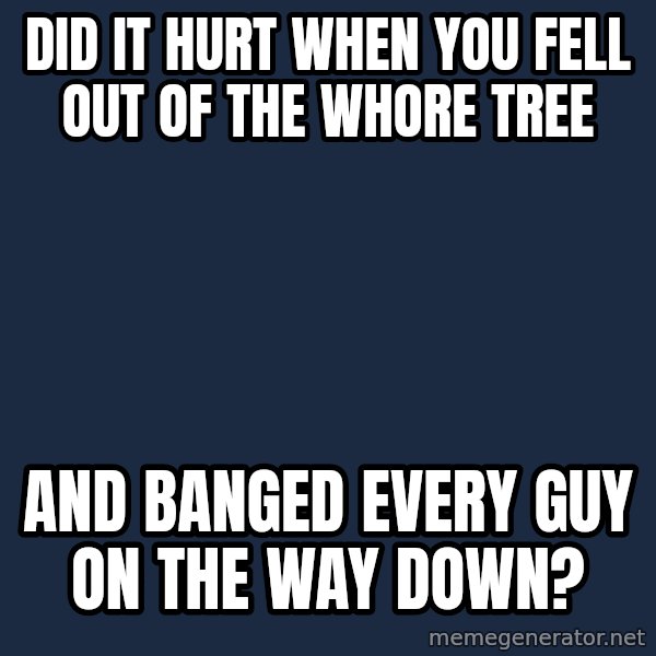 Blank Black meme: did it hurt when you fell out of the whore tree / and banged every guy on                               the way down?