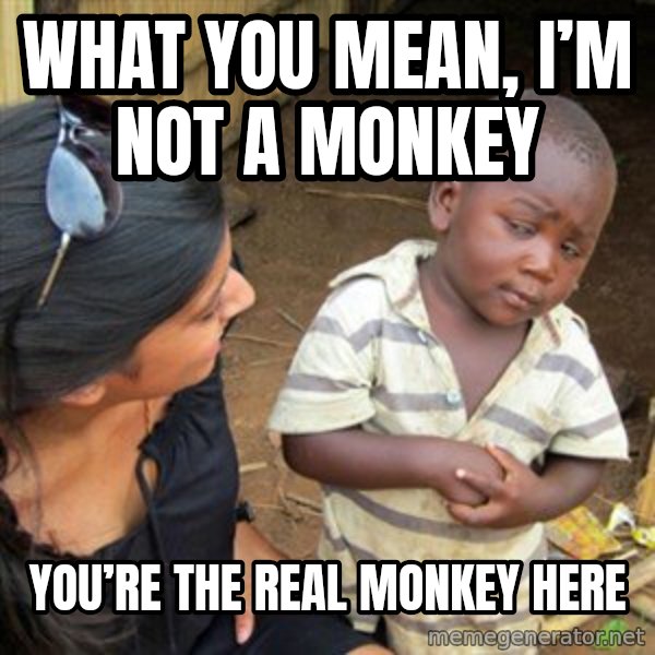 Skeptical 3rd World Kid meme: What you mean, I’m not a monkey / You’re the real monkey here