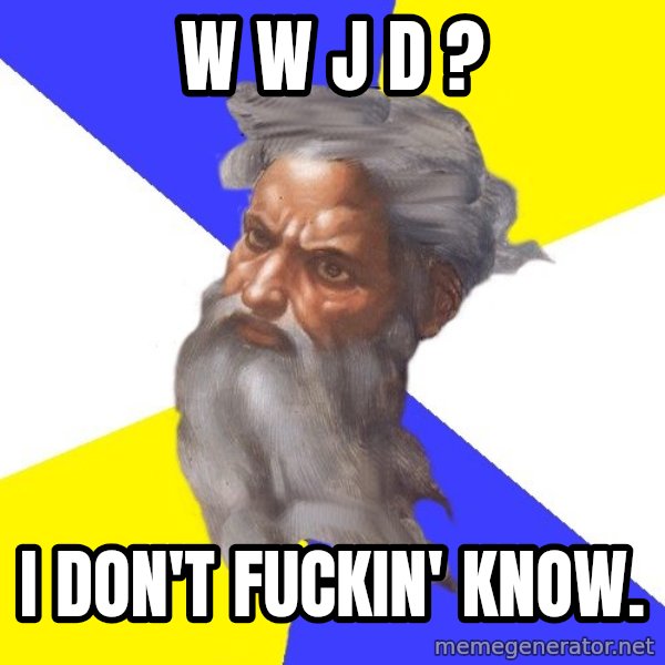 Advice God meme: W W J D ? / I don't fuckin' know.