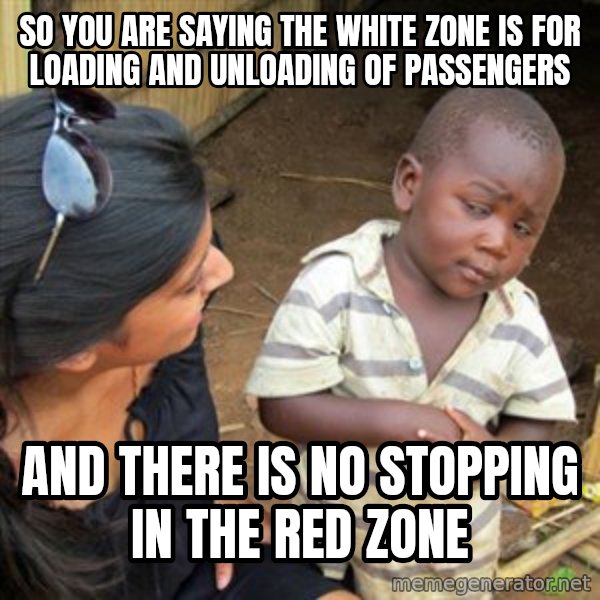 Skeptical 3rd World Kid meme: So you are saying the white zone is for loading and unloading of passengers / And there is no stopping in the red zone