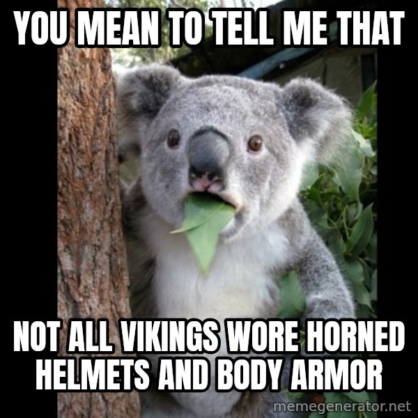 Koala can't believe it meme: you mean to tell me that / not all vikings wore horned helmets and body armor