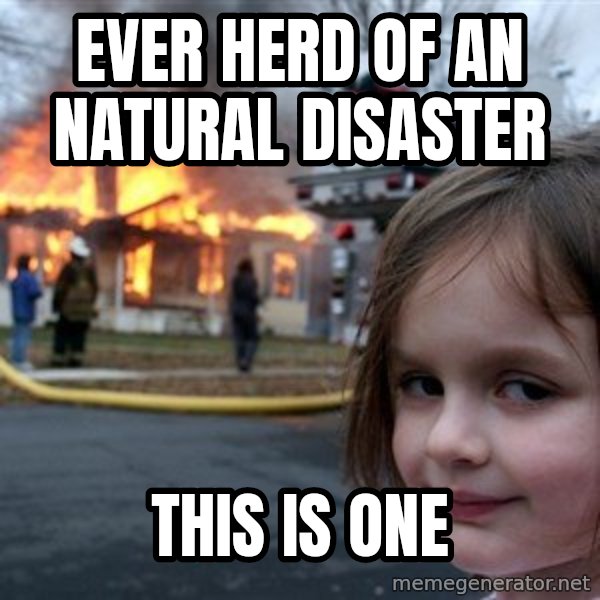Disaster Girl meme: ever herd of an natural disaster / this is one