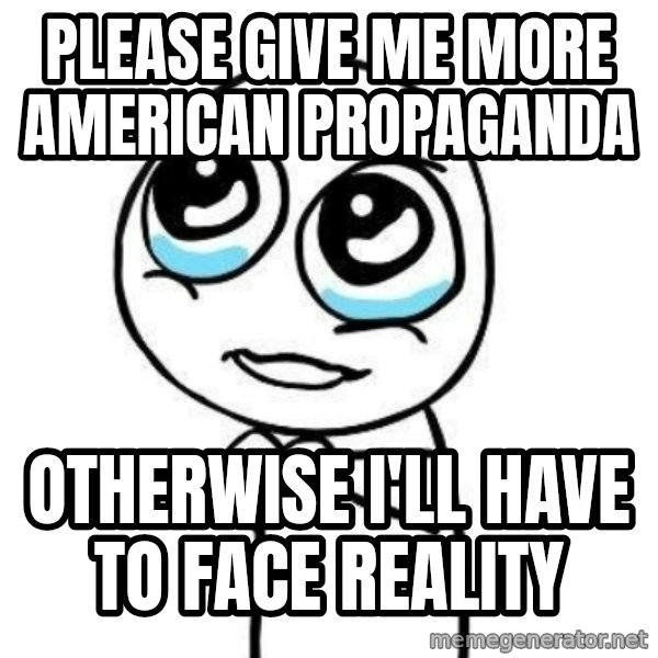 Please guy meme: please give me more american propaganda / otherwise i'll have to face reality