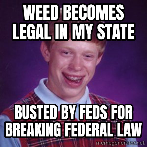 Bad Luck Brian meme: Weed becomes legal in my state / Busted by feds for breaking Federal law