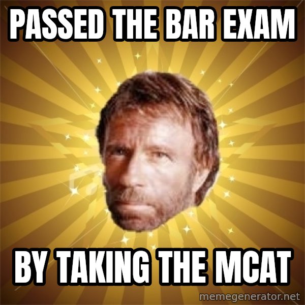 Chuck Norris Advice meme: Passed the bar exam / By taking the Mcat