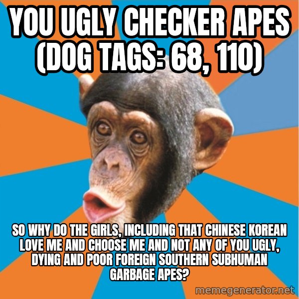 Stupid Monkey meme: you ugly checker apes (dog tags: 68, 110) / So why do the girls, including that Chinese Korean love me and choose me and not any of you ugly, dying and poor foreign southern subhuman garbage apes?