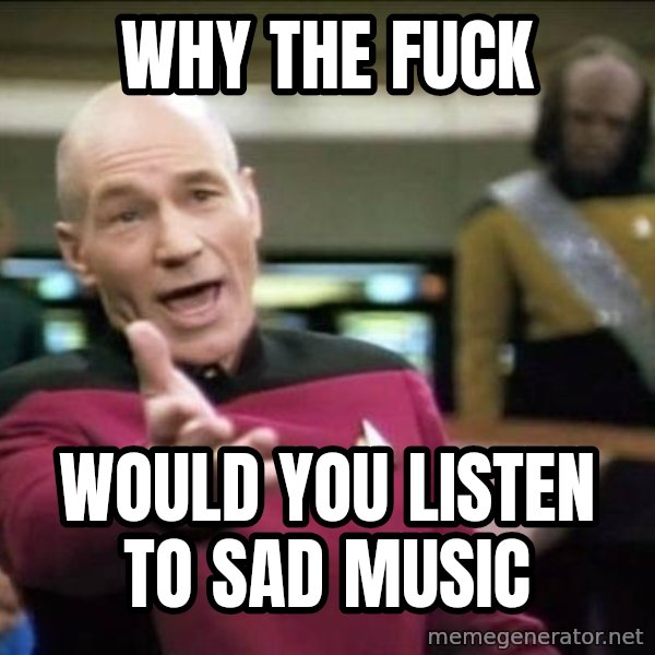 Why the fuck meme: why the fuck / would you listen to sad music