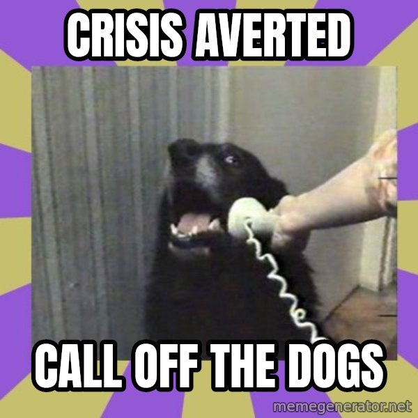 Yes, this is dog! meme: crisis averted / call off the dogs