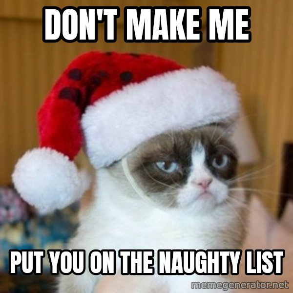 Grumpy Cat Santa Hat meme: Don't make me / Put you on the naughty list