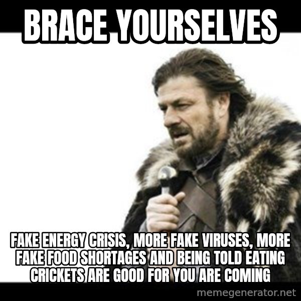 Winter is Coming meme: brace yourselves / fake energy crisis, more fake viruses, more fake food shortages and being told eating crickets are good for you are coming