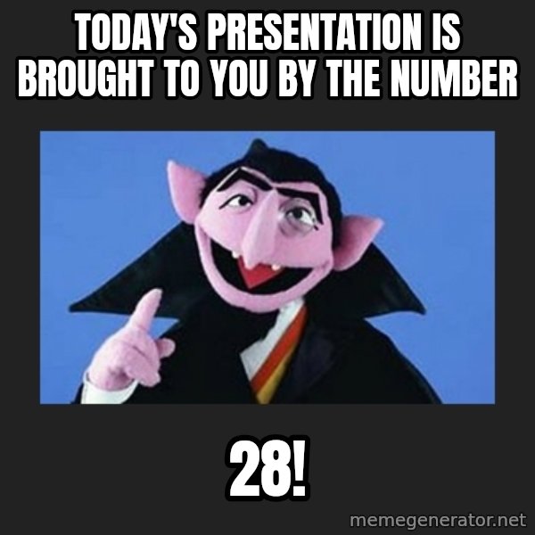 The Count from Sesame Street meme: Today's presentation is brought to you by the number / 28!