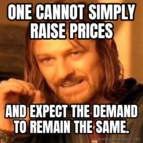One Does Not Simply meme: One cannot simply raise prices / and expect the demand to remain the same.