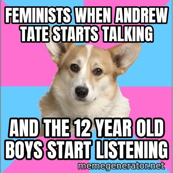 Critical Feminist Corgi meme: Feminists when Andrew Tate starts talking / and the 12 year old boys start listening