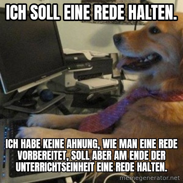 I have no idea what I'm doing - Dog with Tie meme: Ich soll eine Rede halten. / Ich habe keine Ahnung, wie man eine Rede vorbereitet, soll aber am Ende der Unterrichtseinheit eine Rede halten.