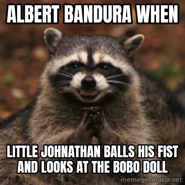 evil raccoon meme: Albert Bandura when / Little Johnathan Balls his fist and looks at the bobo Doll